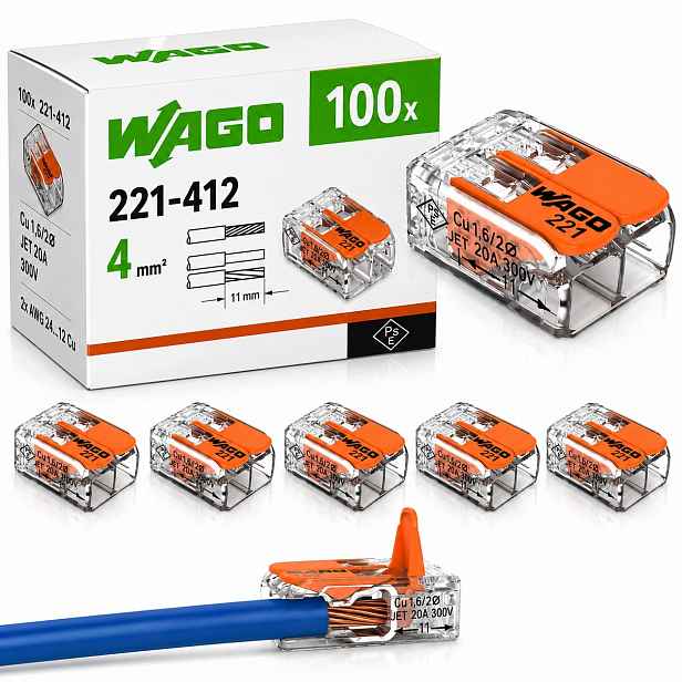 100x Konektor Wago Rychlospojka Konektorová sada 221-412 pro kabel 2x0,2-4 mm