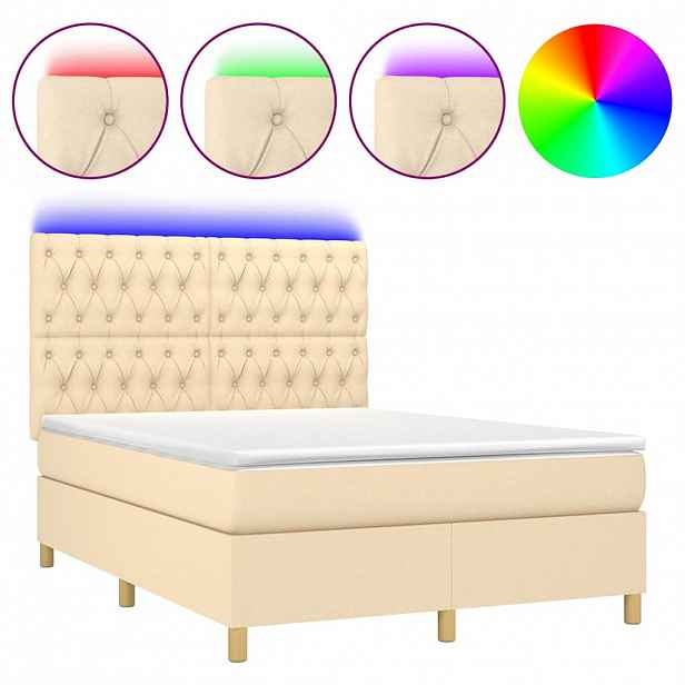vidaXL Box spring postel s matrací a LED krémová 140x190 cm textil