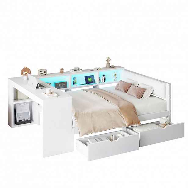 CHICFURN POSTEL 140/200 cm v bílé barvě se zásuvkami, LED osvětlením a USB