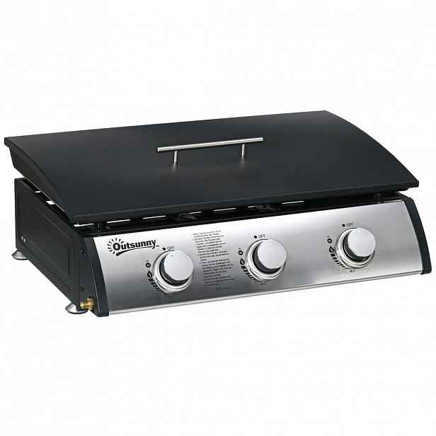 Outsunny PLYNOVÝ GRIL BBQ se 3 hořáky, nerezová ocel, kov, černý, 63 x 47 x 25 cm