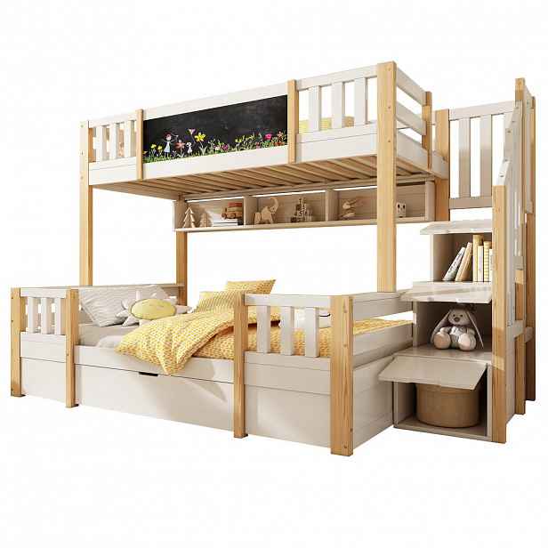 STILVORA ETAGENBETT 90/200 cm & 140/200 cm in Weiß & Natur mit Schubladen, Regal und Leiterschrank Massivholz-Design