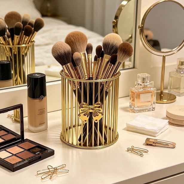 TEMU Kovový organizér na štětce na make-up, kovová úložná krabička na toaletní potřeby s velkou kapacitou, elegantní zlatý kulatý stojan na psací