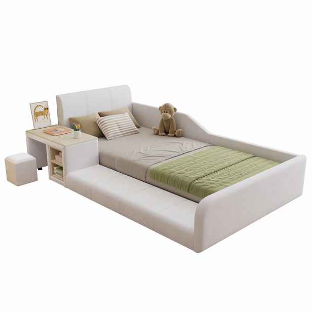 CHICFURN DĚTSKÁ POSTEL 90/200 cm v bílé barvě se stolem, stoličkou a policí ze sametu