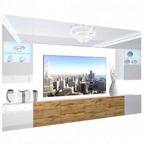 B BELINI GROUP OBÝVACÍ STĚNA s LED osvětlením Bílá dole/Dub Wotan