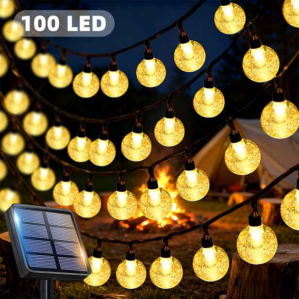 TEMU Solární LED světelný řetěz s bublinkovými koulema, 100/50/20 LED venkovní zahradní pohádková světla, 13 režimů svícení, automatická fotorecepce,