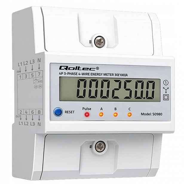 3-fázový elektroměr 400V 100A LCD Reset 4P na Din lištu Qoltec