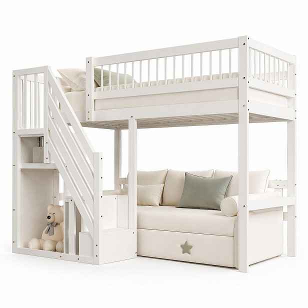 CHICFURN VYVÝŠENÁ POSTEL 90/200 cm v bílé barvě se schodištěm s úložnými skříňkami