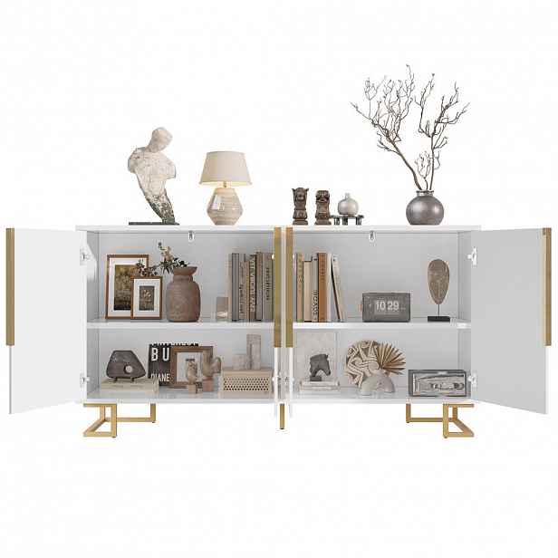 OKWISH BOČNÍ skříň 152/40/75 cm bílá z MDF s geometrickými dvířky a zlatými detaily