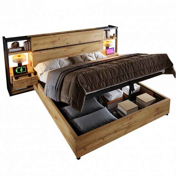 OKWISH MANŽELSKÁ postel 180/200 cm dubová z MDF a kovu s úložným prostorem a USB nabíjením