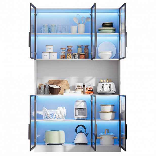 OKWISH VITRÍNA 120/34/200 cm bílá z MDF a skla s LED osvětlením, 6 dvířky a tichým dovíráním