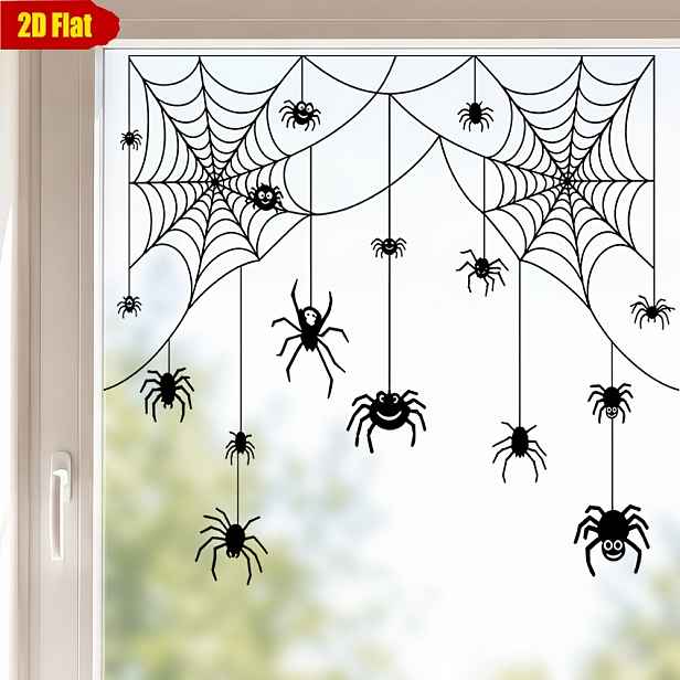 TEMU 2D Plochá, 1ks 2D Plochá Halloweenská Pavučinová Samolepka na Okno, PVC Odstranitelná Skleněná Nálepka, Dekorativní Samolepky s Více Veselými