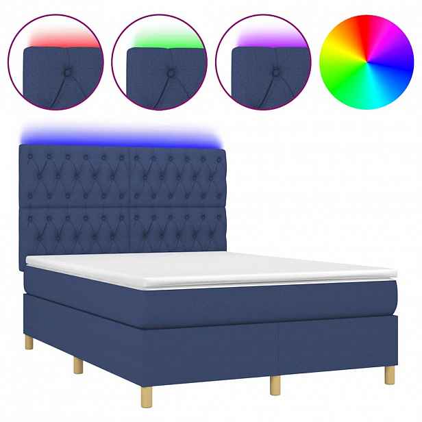 vidaXL Box spring postel s matrací a LED modrá 140x200 cm textil