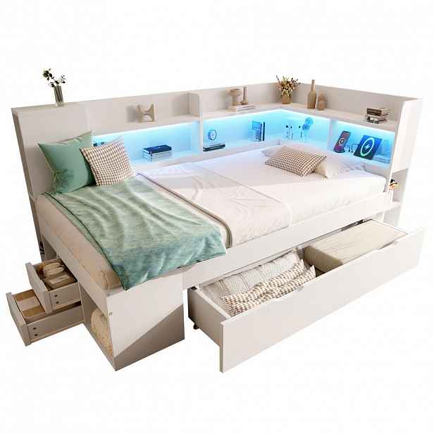 CHICFURN POSTEL 90/200 cm v bílé barvě s úložným prostorem, LED, USB a Type-C