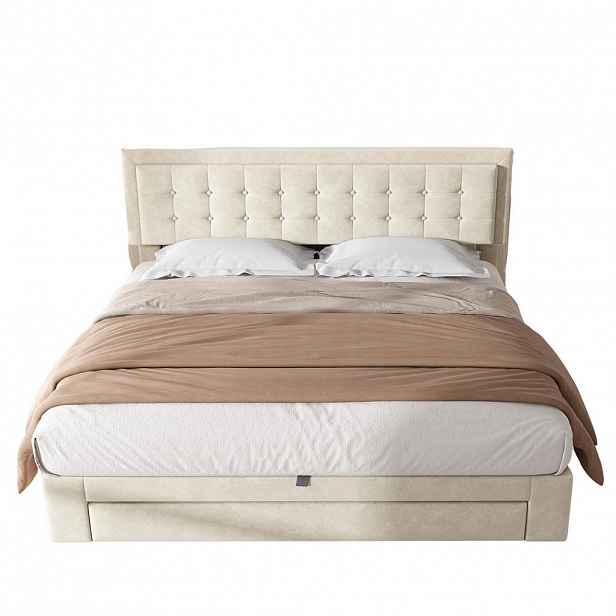 OKWISH ČALOUNĚNÁ postel 160/200 cm béžová ze sametu s úložným prostorem a nastavitelným čelem
