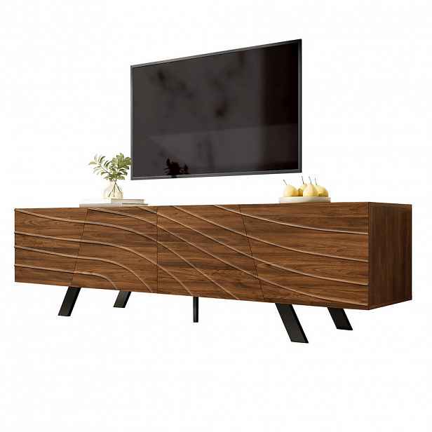 OKWISH TV stolek 160/39/50,5 cm ořech z MDF s vlnitou přední stranou a kabelovým vedením