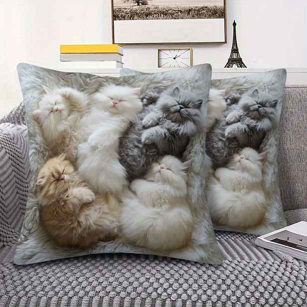 TEMU 2ks Plush Cat Print Pillow Covers, 18x18 Palců, Útulné A Nadýchané Dekorativní Polštářové Pouzdra Pro Obývací Pokoj, Pohovku, Ložnici - Lze Prát