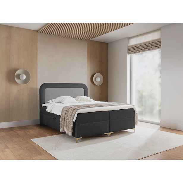 Vyvýšená kontinentální čalouněná postel 180x200 EVELINA - antracit / ocelová + topper ZDARMA
