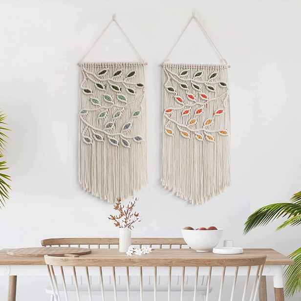 2x Makramé, ozdoba na zeď, listy, elegantní boho gobelín 40 x 80 cm