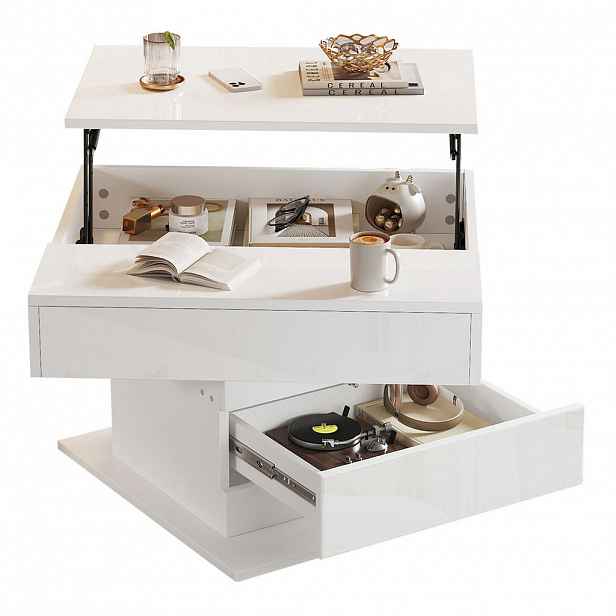 OKWISH KONFERENČNÍ stolek 70/70/45 cm bílý z dřevotřísky s otočnou a výklopnou deskou