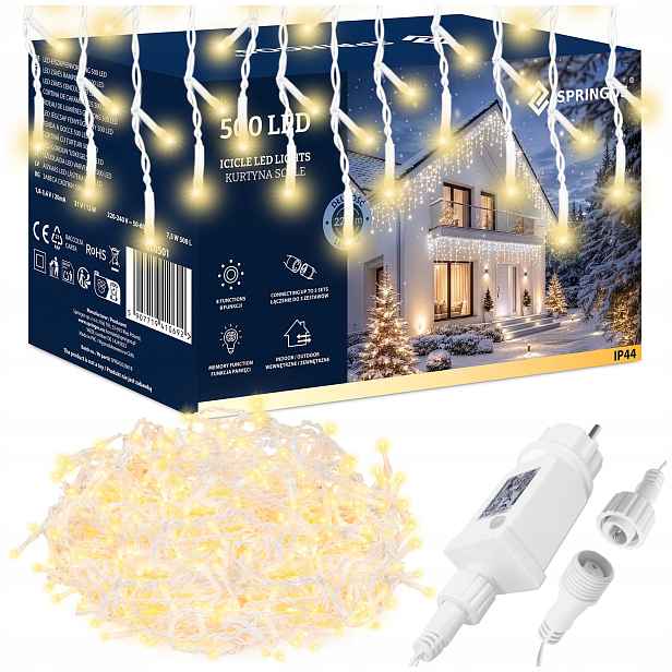 Světelné Řetězy Rampouchy Venkovní Vánoční 1500 Led Funkce Závěs 67m Teplá Bílá