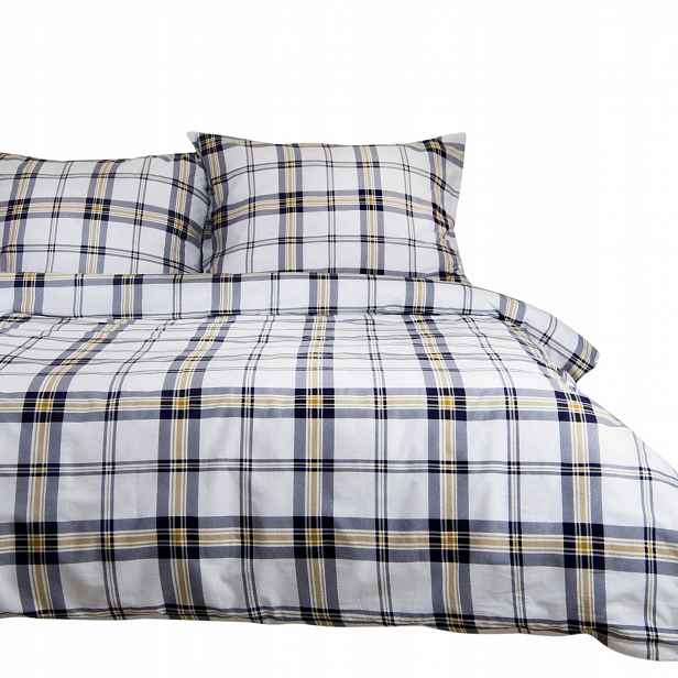 Povlečení do ložnice 180x200, bavlněná bílá černá žlutá kostkovaná tkanina
