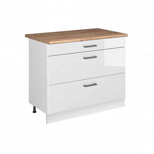 Vicco SPODNÍ SKŘÍŇKA KUCHYŇSKÉ LINKY R-Line, Bílá vysoký lesk/Bílá, 100 cm pracovná doska Dub Goldkraft