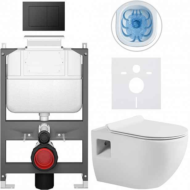 Kompletní WC set Basic/Dure - bílá lesklá - WC tlačítko Maxio/Černá - ovládání shora - předstěnová instalace - 51x35 cm