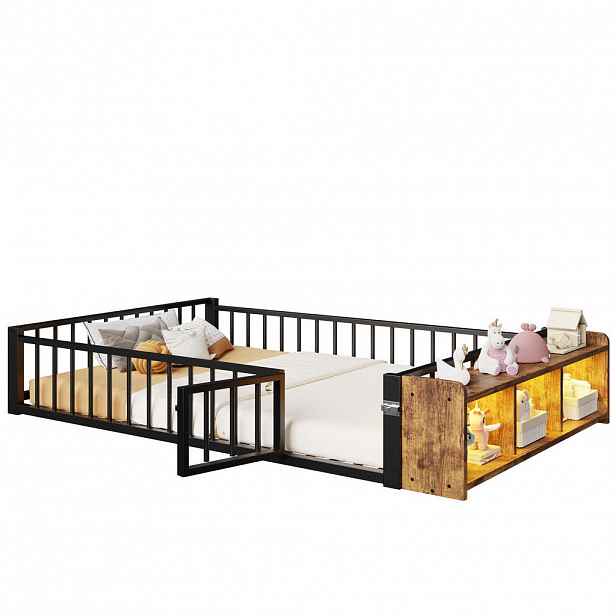 CHICFURN DĚTSKÁ POSTEL 140/200 cm v černé barvě s LED osvětlením, úložným prostorem a ochranným zábradlím