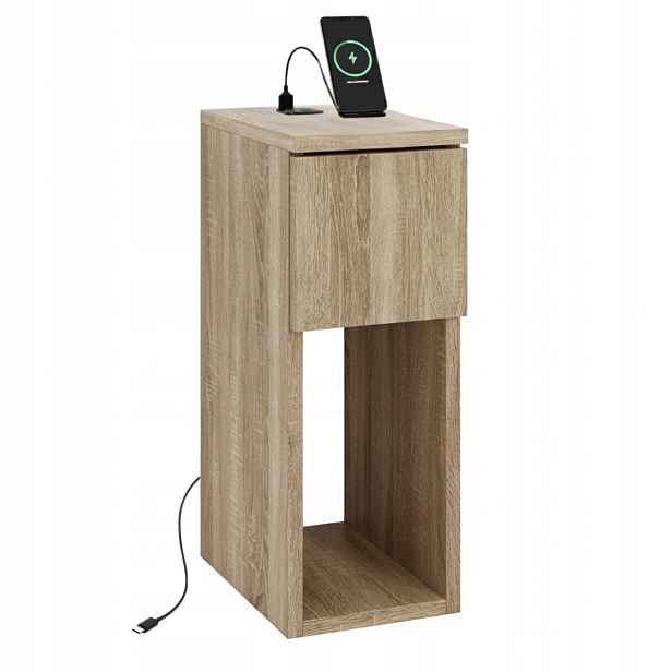 Noční Stolek Úzká Skandinávská Dub Torro 20x30 CM Se Zásuvkami A Usb/c Portem