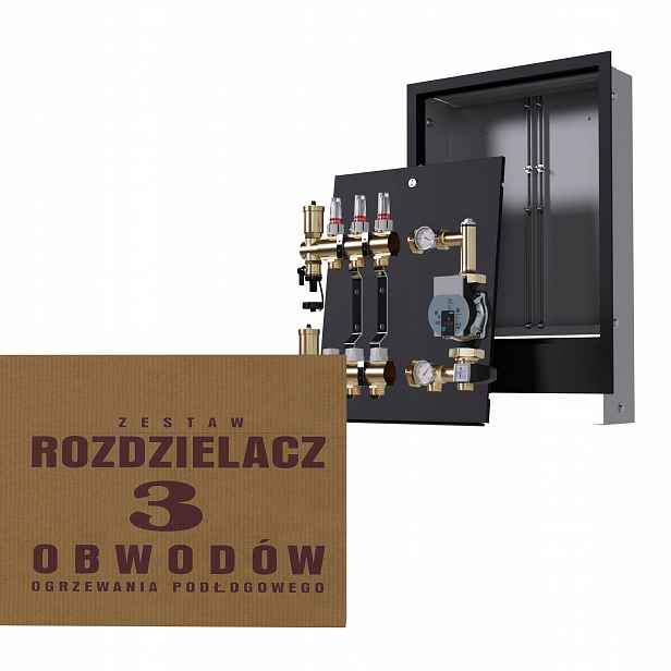 Rozdělovač pro podlahovku 3 okruhy s skupinou Wilo, podomítkový box, černý