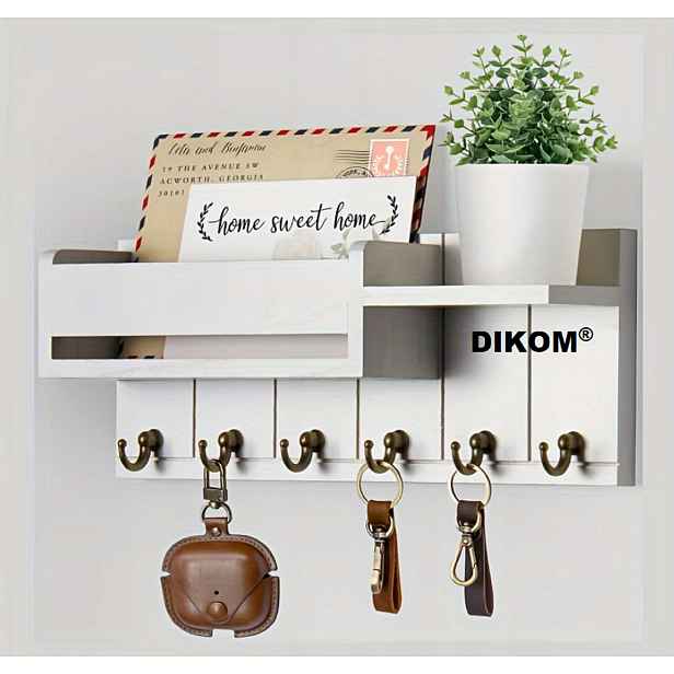 Věšák Na Klíče Dikom 6 Háčků Dřevěný Bílý Oblečení Úchyt 30,5 cm loft