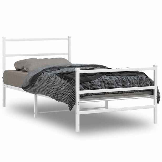 vidaXL Kovový rám postele s hlavovým a nožním čelem bílý 100 x 200 cm