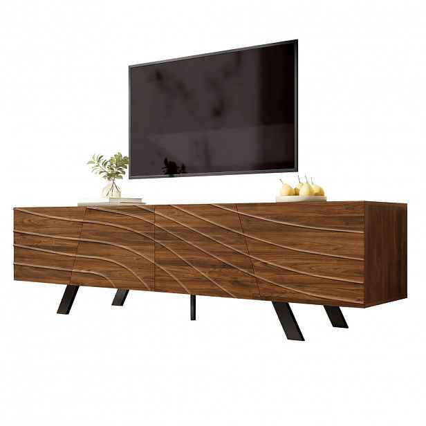 Redom TV stolek 160/39/50,5 cm s vlnitou čelní plochou a kabelovým vedením, MDF, Ořech