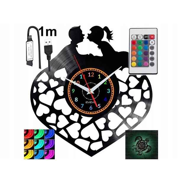 Valentýnské nástěnné hodiny s Rgb Led podsvícením na dálkové ovládání Vinylová deska Nově