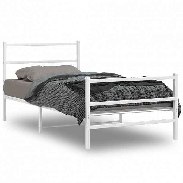 vidaXL Kovový rám postele s hlavovým a nožním čelem bílý 107 x 203 cm