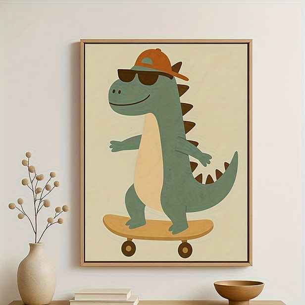 TEMU 2D Ploché, 2D Ploché 1ks Bezrámové Nástěnné Umění s Cool Skateboardujícím Dinosaurem – Dekorace na Zeď s Dinosauřím na Plátně pro Dětské Pokoje,