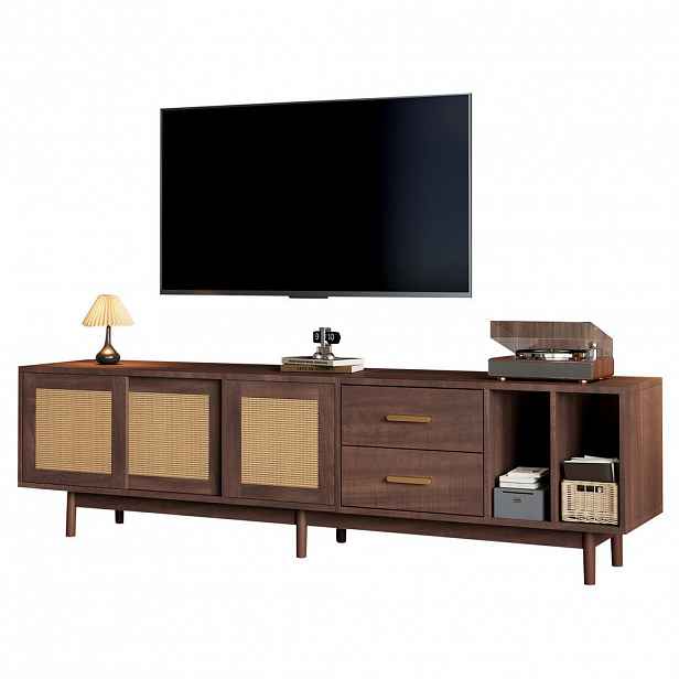 Redom TV stolek 190/40/52 cm s ratanovými dvířky, 2 zásuvkami a 6 nohami, úložný prostor pro 75" TV, Hnědá