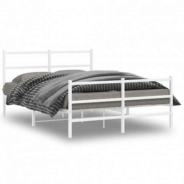 vidaXL Kovový rám postele s hlavovým a nožním čelem bílý 135 x 190 cm