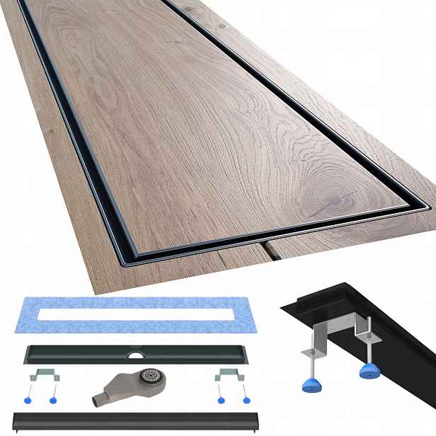 Lineární odtok 80 cm nízký, černý, pod dlažbu, kompletní sada Waterway