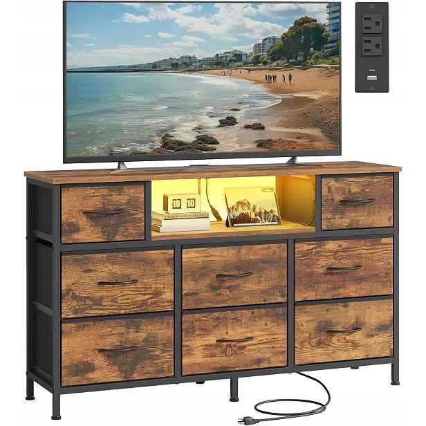 Komoda s 8 zásuvkami, stolek pod televizor, Led světla