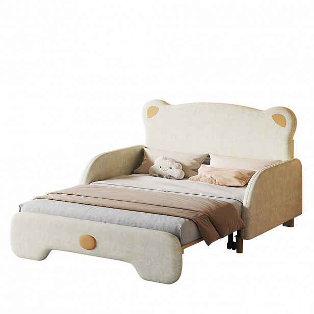 OKWISH ČALOUNĚNÁ postel 140/200 cm béžová ze sametu s výsuvným lůžkem a medvědím designem