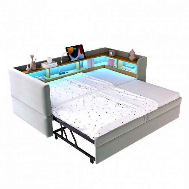 CHICFURN ROZKLÁDACÍ POHOVKA 90/190 cm & 180/190 cm ve světle šedé barvě s LED a zásuvkami