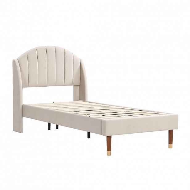 OKWISH ČALOUNĚNÁ postel 90/200 cm béžová ze sametu s roštem a vysokým čelem