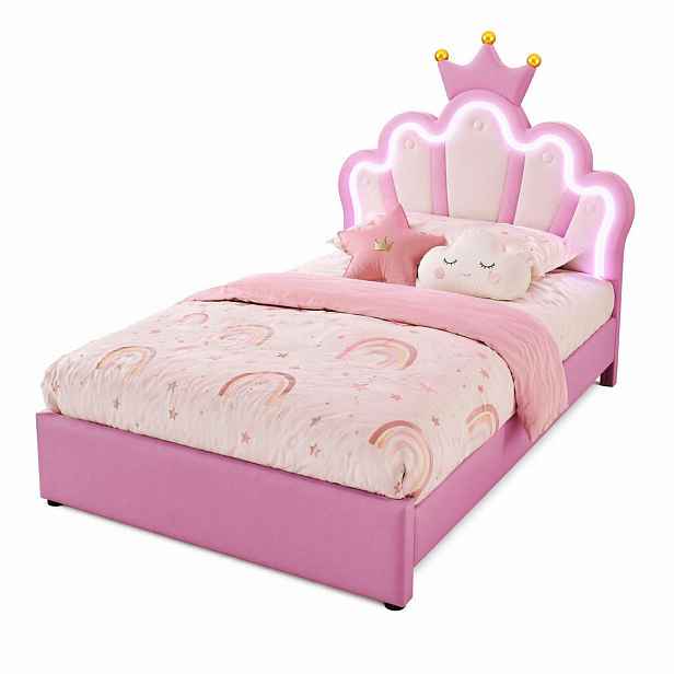 CHICFURN ČALOUNĚNÁ POSTEL 90/200 cm v růžové barvě se 2 zásuvkami, LED osvětlením a čelem z PU