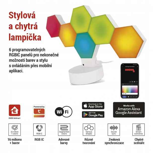 Emos GoSmart Led stolní lampa Hexagon bílá, 6 dílů, Rgbic stmívatelná, WiFi