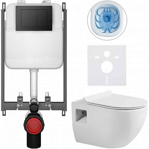Kompletní WC set Basic/Dure - bílá lesklá - WC tlačítko Maxio/Černá - pro zazdění - 51x35 cm