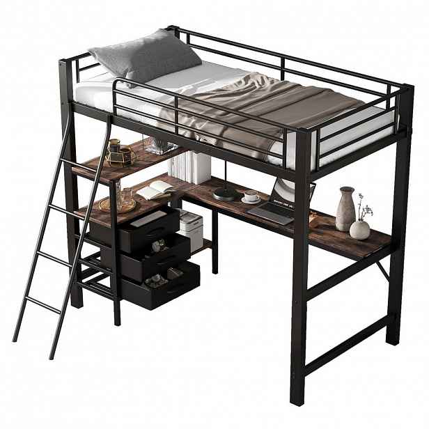 STILVORA ETAGENBETT 90/200 cm in Schwarz & Dunkle Walnuss Kinderbett mit 3 Schubladen, Schreibtisch und Regal