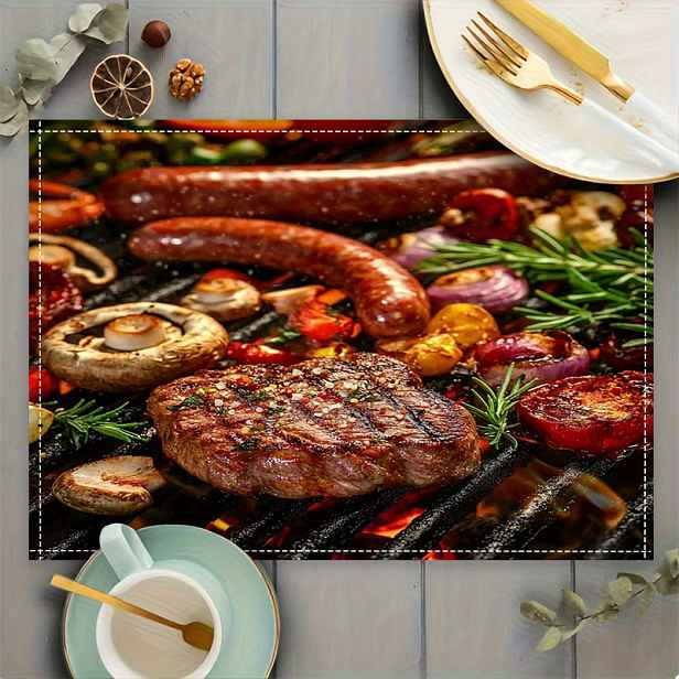 TEMU 2/4/6 ks Podložky na stůl 2D ploché 30X45 cm/11.81X17.72 palců BBQ párty podložky - Realistické podložky na stůl s potiskem grilovaných jídel