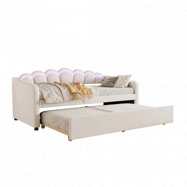 OKWISH POSTEL 90/200 cm béžová ze sametu s výsuvným lůžkem a LED osvětlením