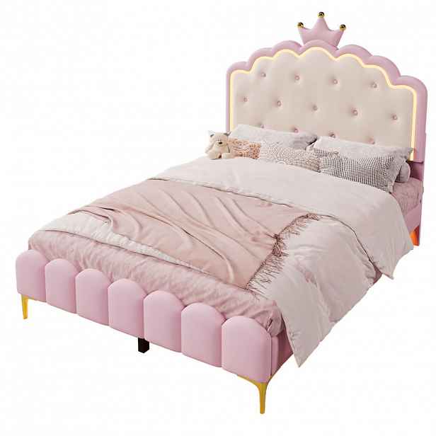 OKWISH ČALOUNĚNÁ postel 140/200 cm růžová z PU s LED osvětlením a roštem